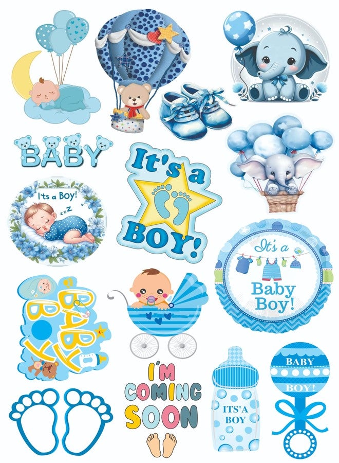 Creative Props Baby Welcome Decoration Props, Decorative Paper Cutouts Featuring Boy Themed Designs Including Stars, Butterflies, Footprints in Blue Colour 14 pcs (Medium, Baby Shower) - Image 1